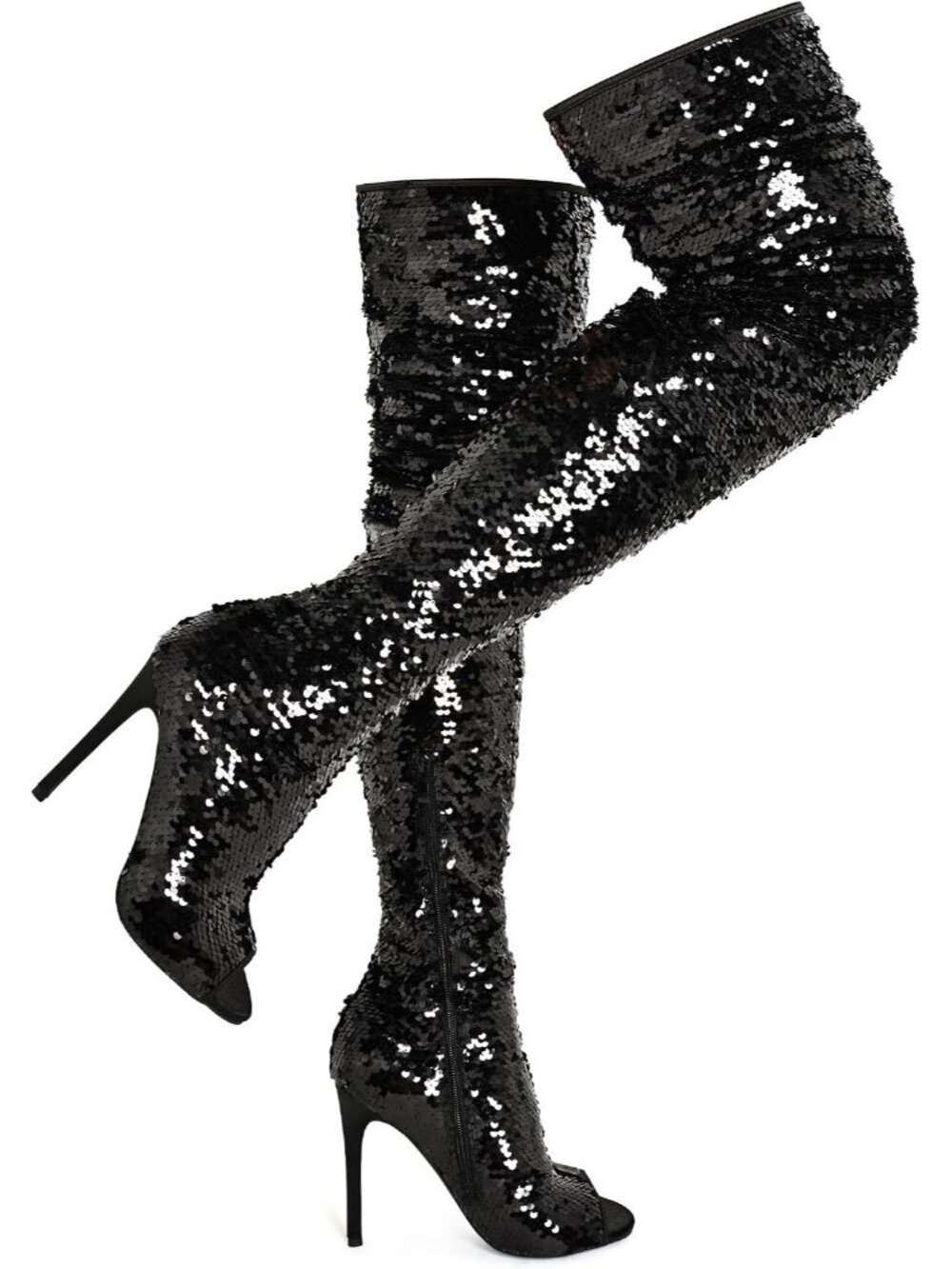 Women's Black Leather Sparkly Peep Toe Stiletto Heel Thigh High Boots